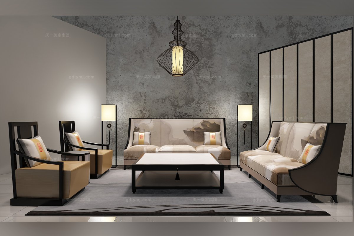 高端新中式水墨荷三人沙發