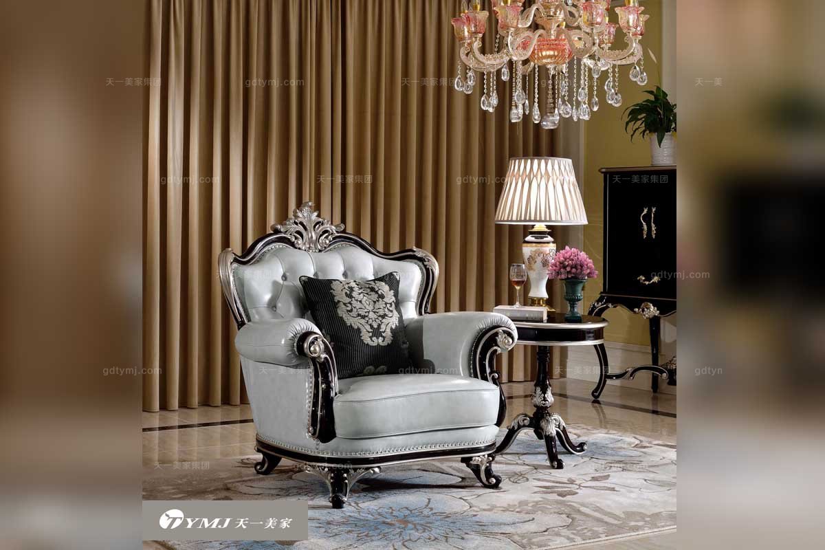 高端法式家具品牌實木雕花真皮單人沙發