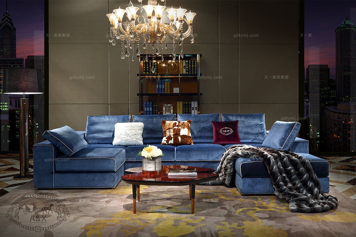 高端五星級酒店別墅家具藍色布藝轉角沙發組合