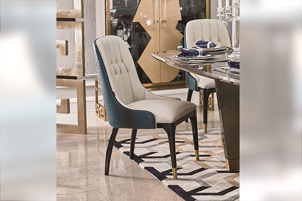 高端輕奢現代餐桌實木餐廳餐椅灰色木皮拼花貼箔餐桌椅組合餐椅