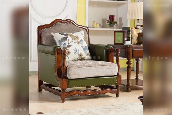 高端豪宅家具1+2+3橡膠木好實木頭層黃牛皮配布藝美式休閑沙發美式休閑沙發三人位