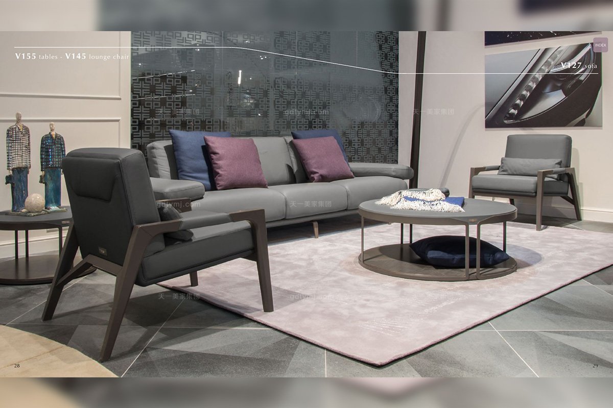 奢華大氣豪宅家具品牌客廳輕奢現代鐵灰色真皮軟包沙發+茶幾