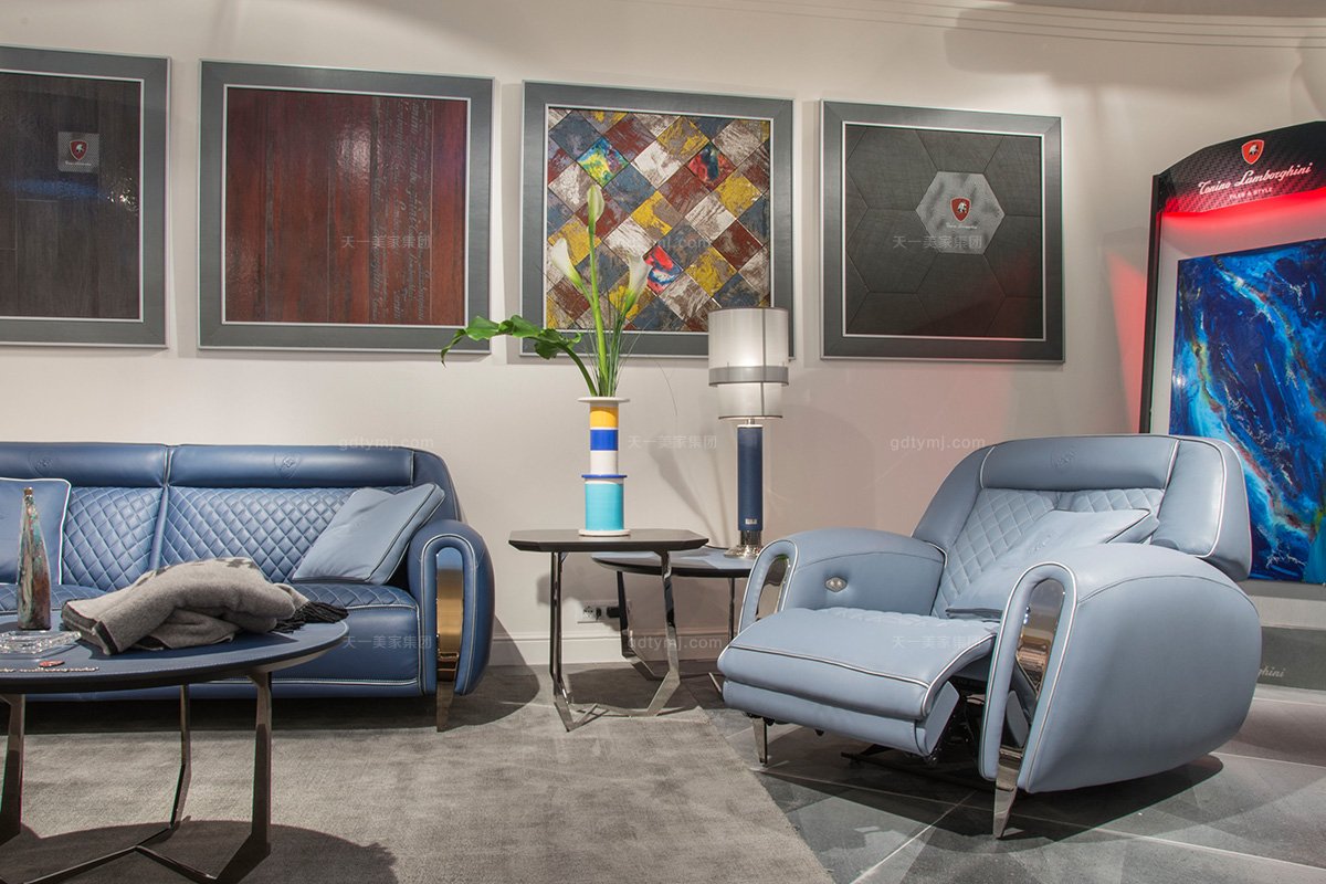 名貴奢華豪宅別墅家具品牌蘭博基尼客廳藍(lán)色真皮沙發(fā)
