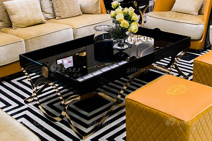 高端大氣豪宅家具別墅輕奢后現代客廳愛馬仕橙真皮沙發組合長幾