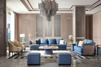 高端別墅家具品牌輕奢后現代海圖藍色真皮客廳沙發組合