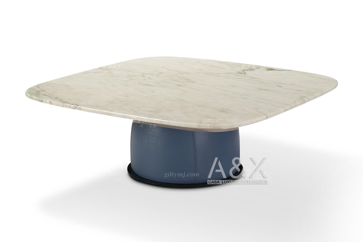 高端別墅家具品牌輕奢后現(xiàn)代海圖藍色真皮客廳沙發(fā)組合方幾