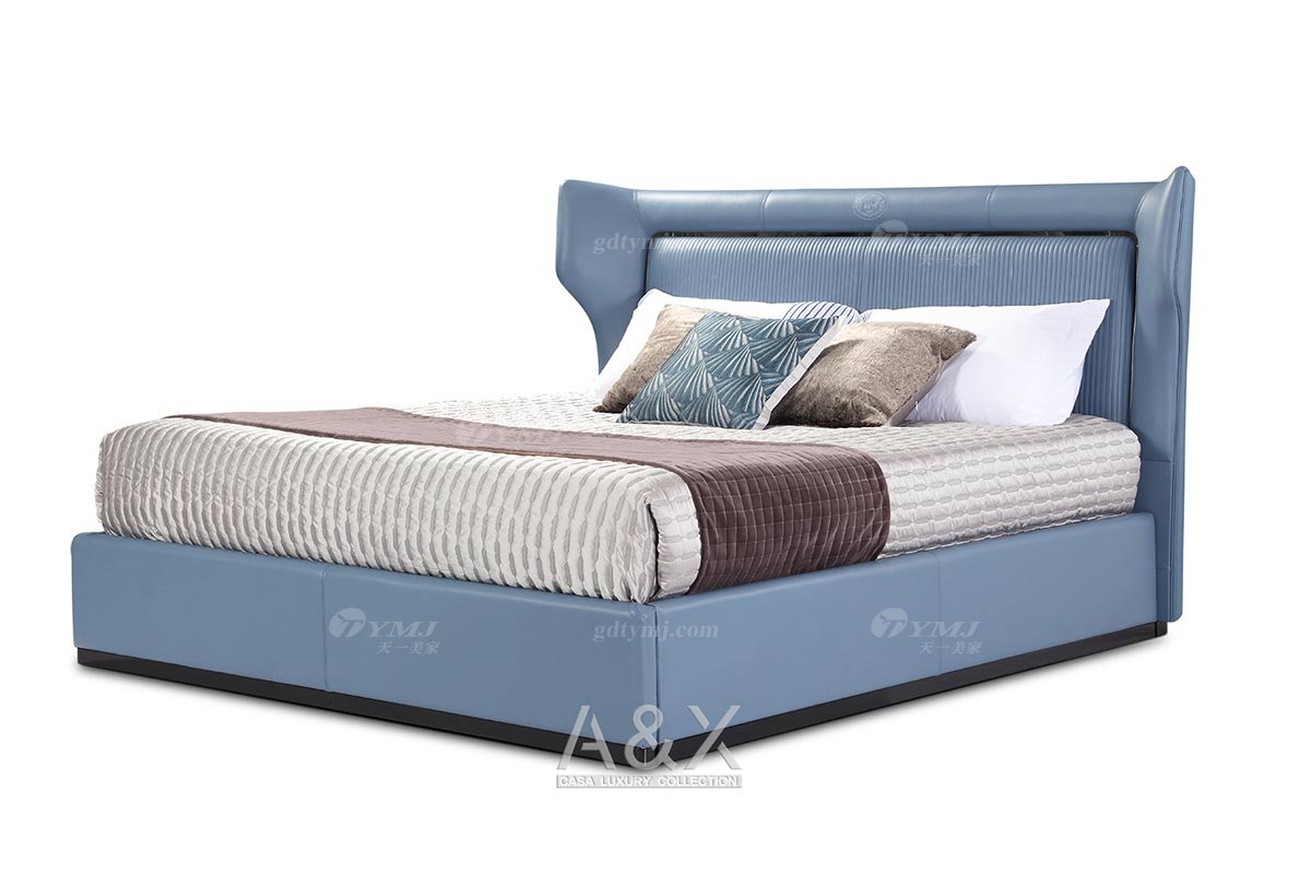 高端別墅家具品牌輕奢后現代海圖藍色進口真皮臥室大床妝臺組合系列雙人床