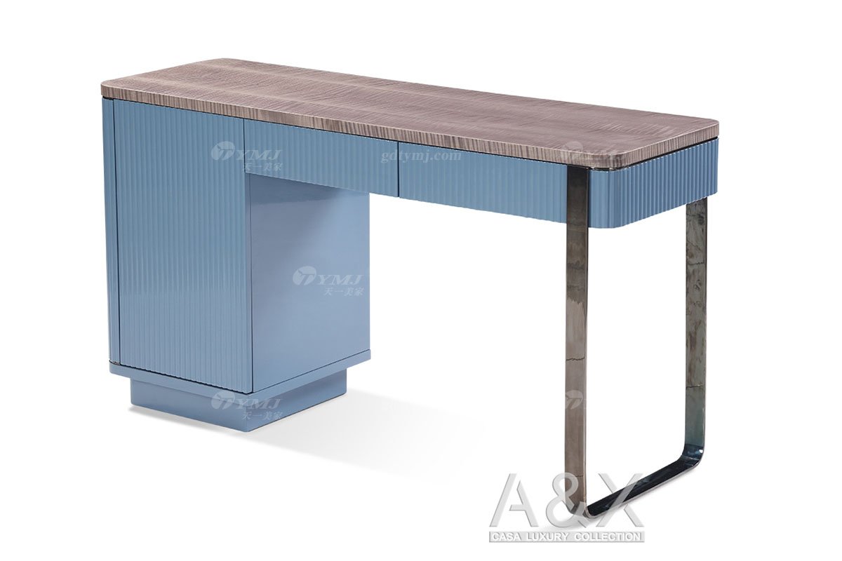 高端別墅家具品牌輕奢后現代海圖藍色進口真皮臥室大床妝臺組合系列妝臺