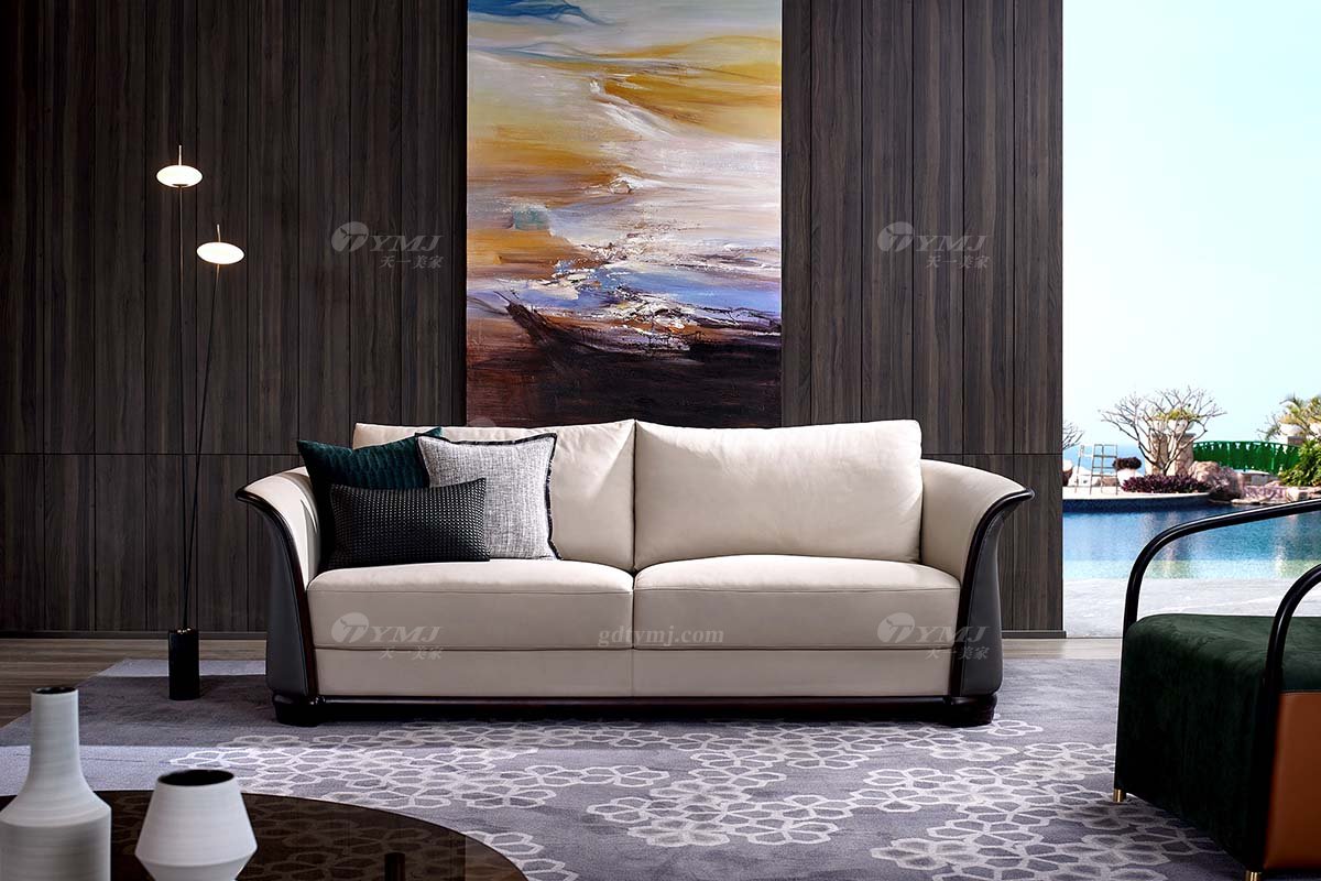 高端會所家具品牌奢華樣板房家具時尚輕奢新中式風格真皮沙發組合系列三位沙發