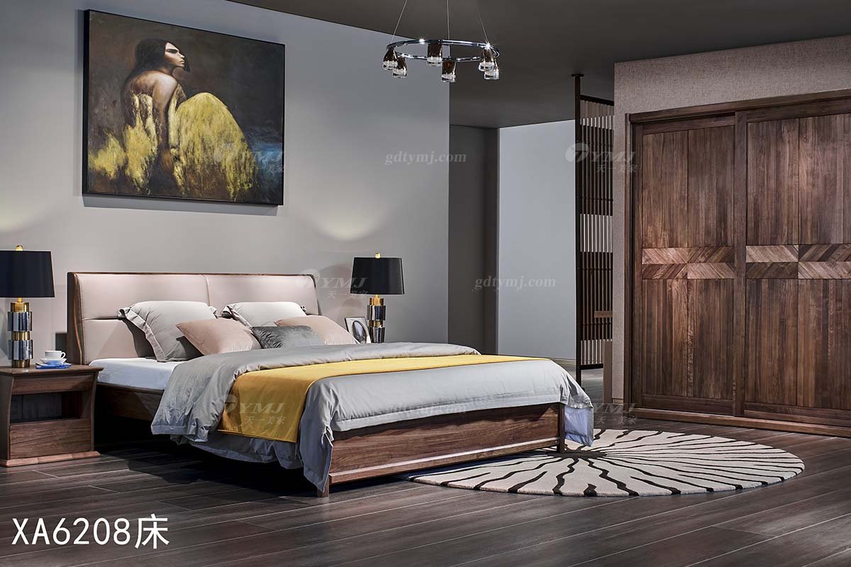 高端會所別墅家具品牌樣板房家具輕奢新中式風格黑胡桃實木雙人大床系列