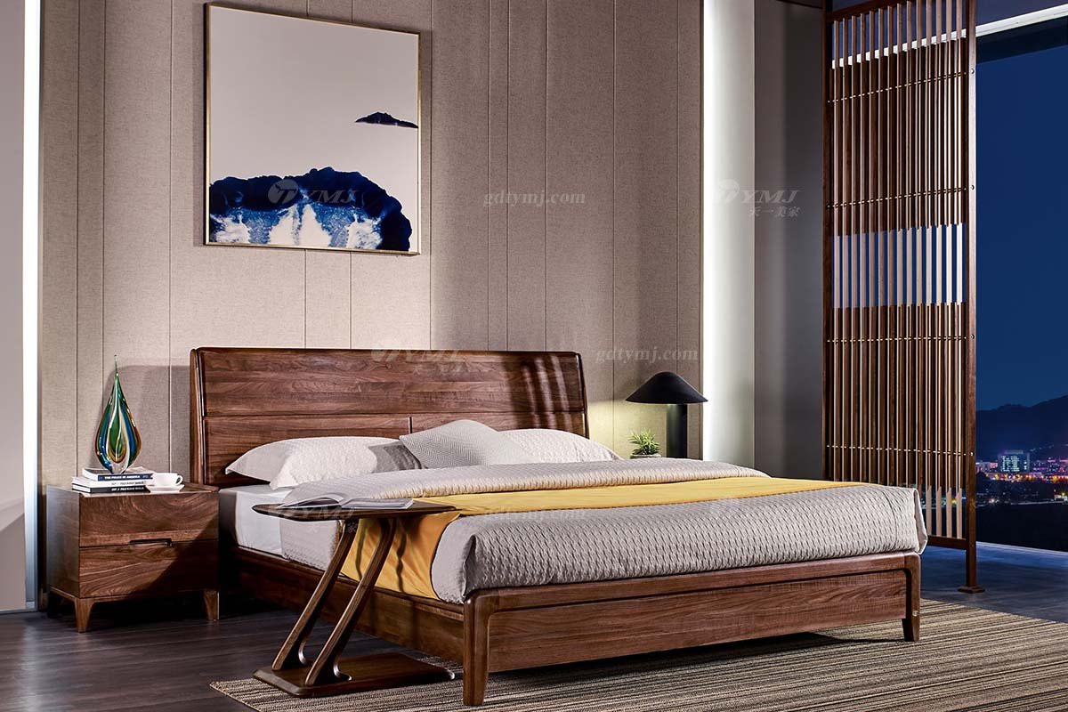 高端別墅會所家具品牌樣板房家具輕奢新中式風格臥室黑胡桃實木雙人床系列