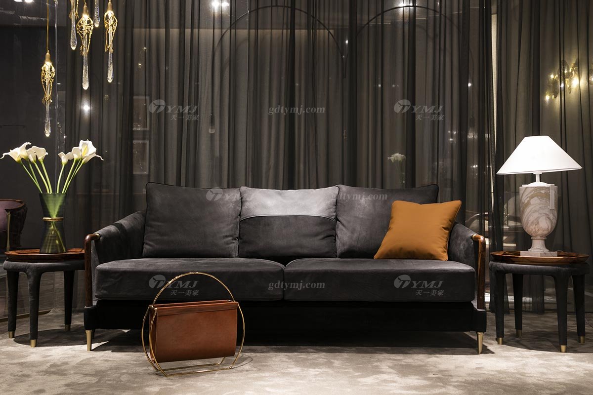 高端豪別墅會所豪宅家具品牌輕奢新中式風客廳高彈高密度海綿時尚優質絨布藝沙發系列三位沙發