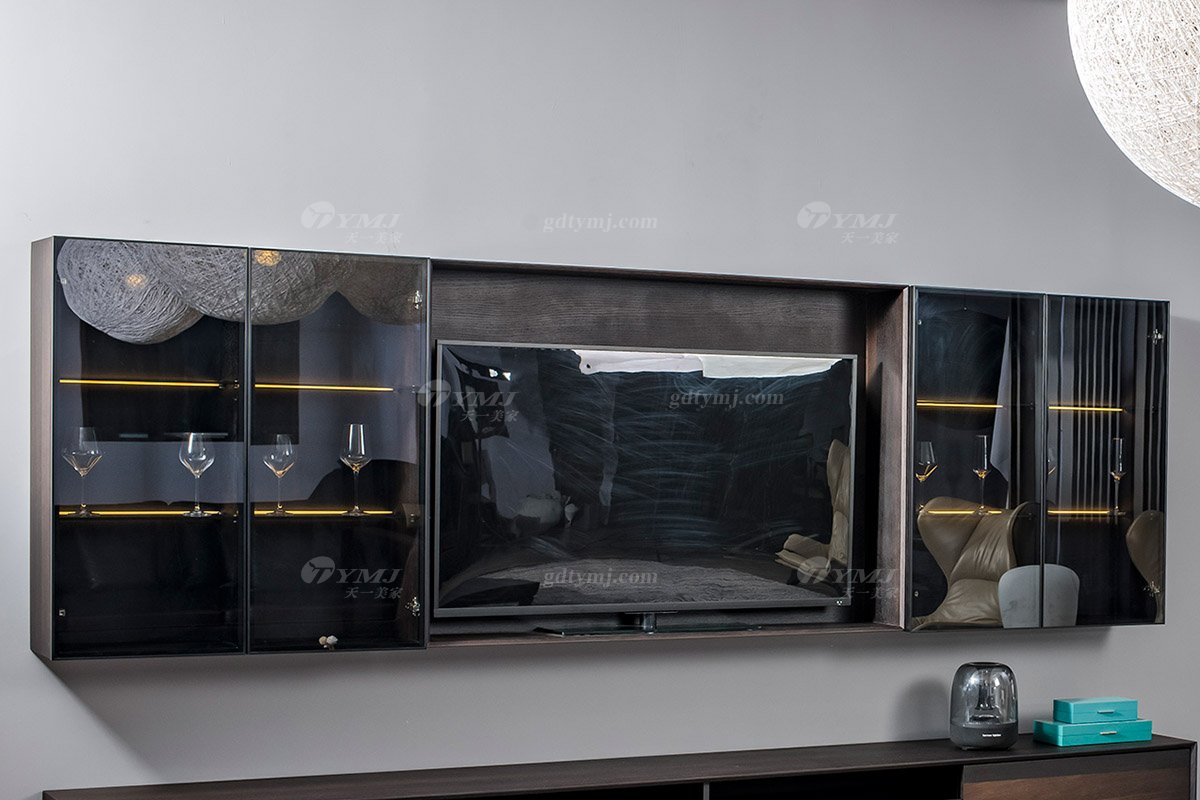 意大利極簡別墅豪宅家具品牌現代簡約客廳家具實木煙熏色電視柜茶幾吊柜組合掛柜