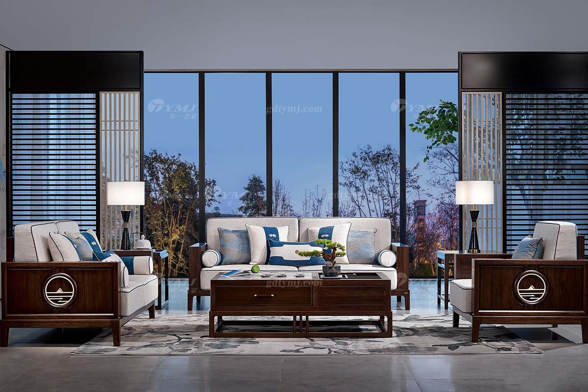 高檔別墅會所家具品牌輕奢新中式客廳家具實木布藝沙發組合系列沙發組合