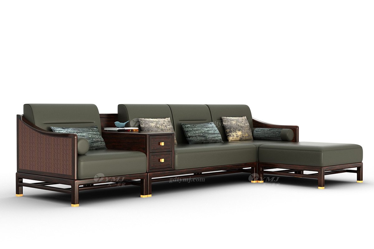 高端別墅家具時尚新中式輕奢全紅木黑酸枝木意大利真皮轉角沙發