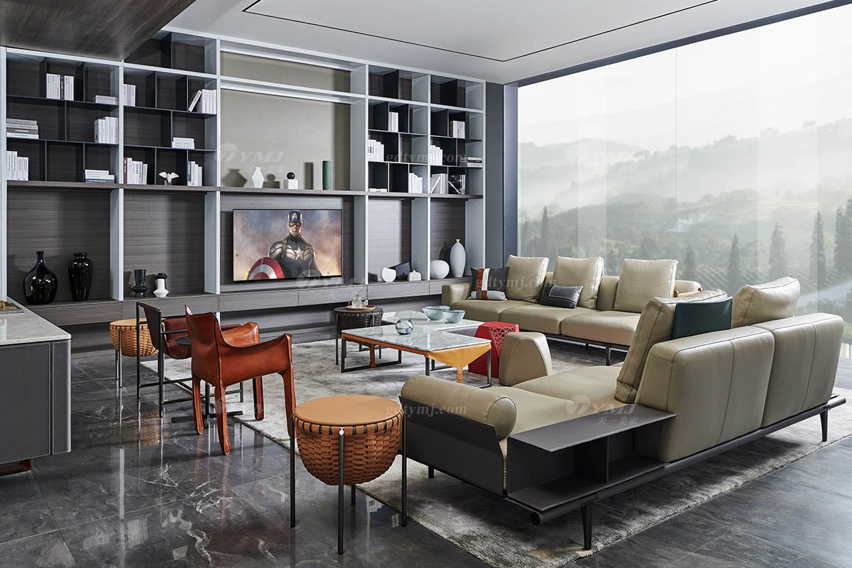 現代時尚輕奢家具別墅品牌客廳米色真皮軟包貴妃位沙發SF-01-04B貴妃位沙發場景