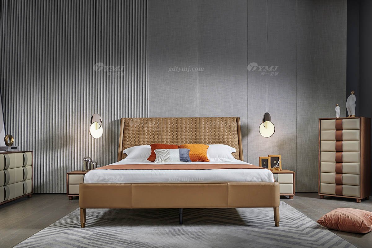 現代輕奢家具別墅家具品牌時尚臥室皮藝雙人床A-03床場景