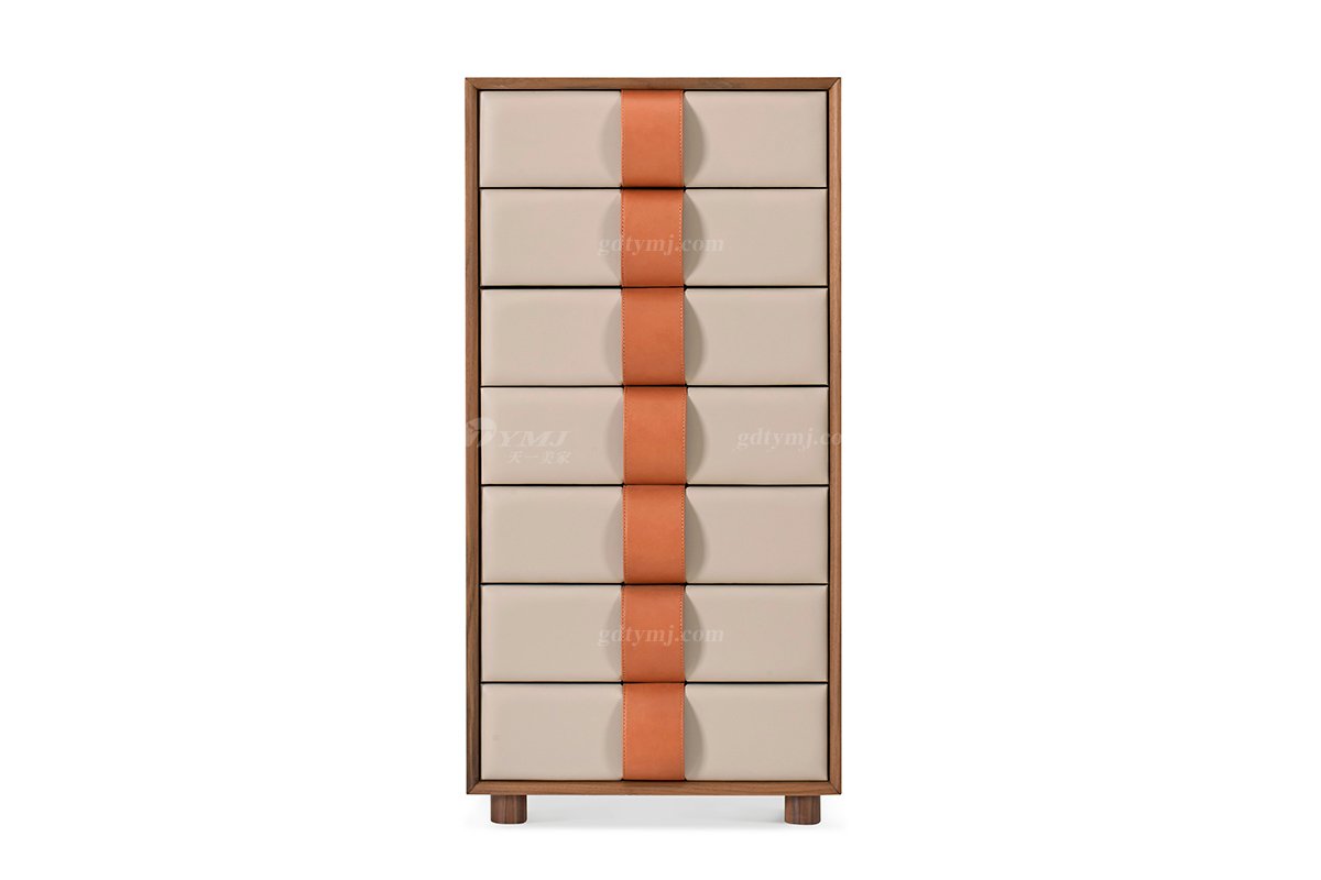 現代高端別墅家具品牌時尚輕奢黑胡桃+皮藝+大理石七斗柜