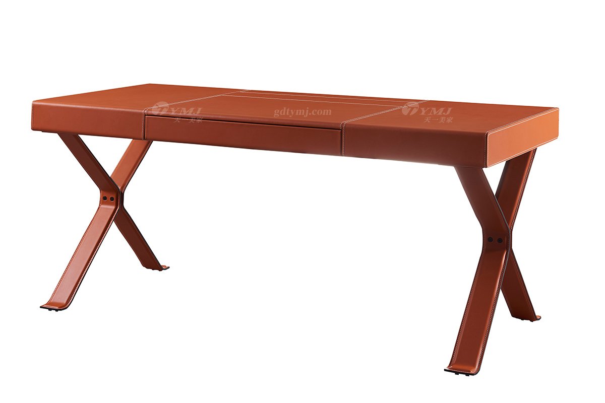 現代輕奢家具品牌別墅豪宅家具時尚橙色馬鞍皮藝+金屬書桌