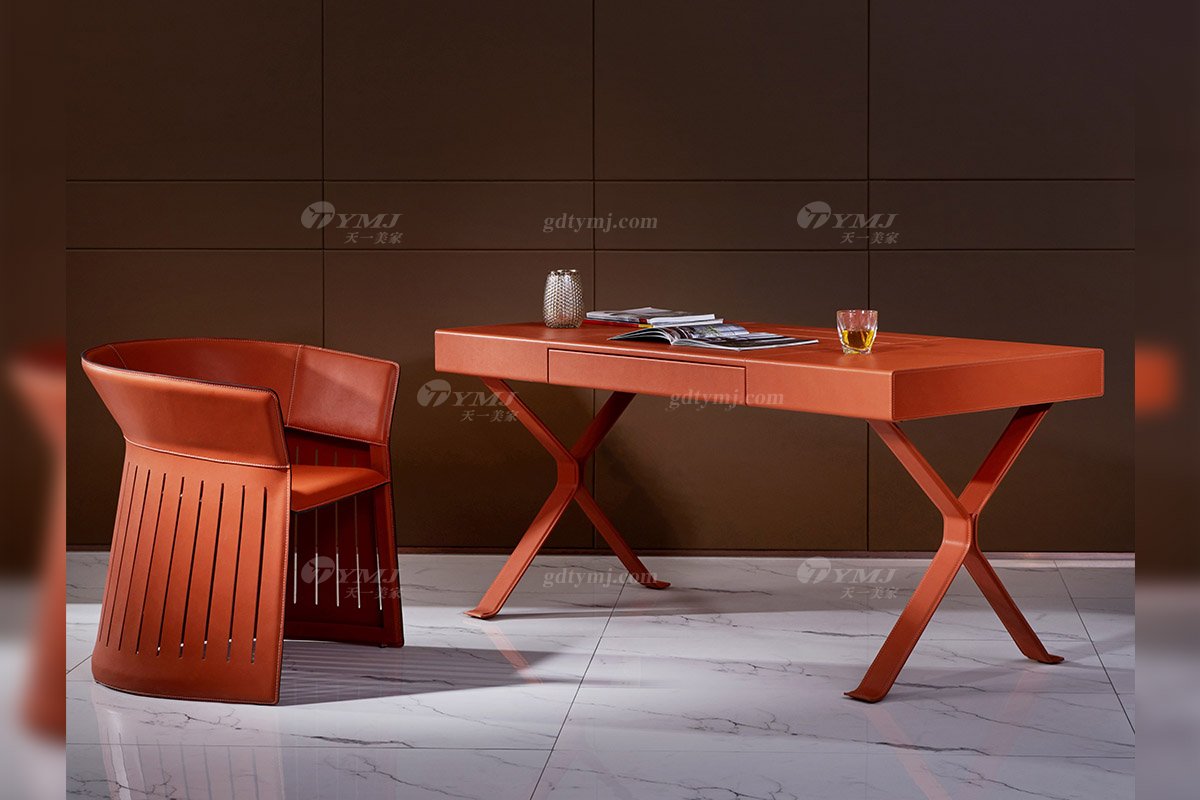 現代輕奢家具品牌別墅豪宅家具時尚橙色馬鞍皮藝+金屬書桌SZ-04書桌場景1