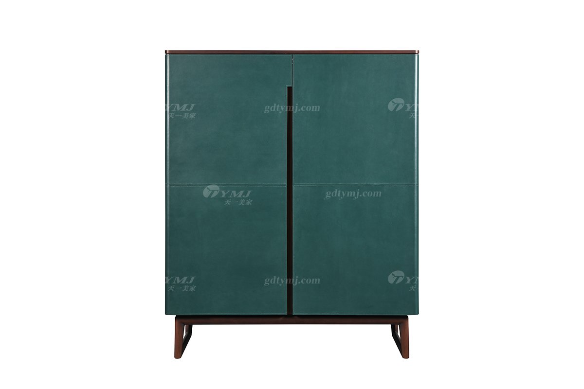 現代時尚輕奢家具品牌高檔家具餐廳綠色皮藝+白蠟實木酒柜