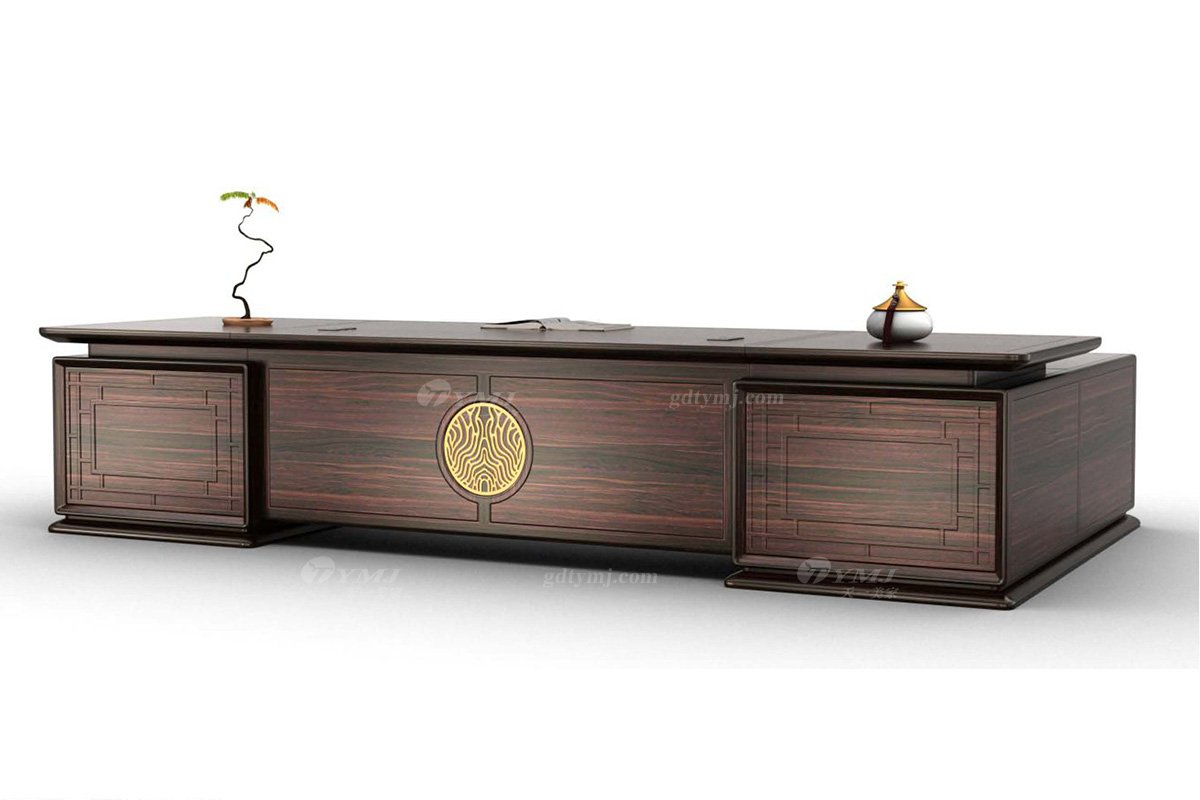 新中式家具品牌高檔別墅會所家具大氣深咖色進(jìn)口烏金木實(shí)木班臺H-GQBT38R班臺（右長副柜）