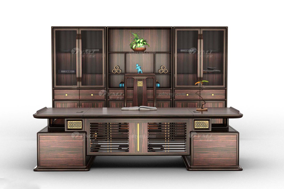 時(shí)尚新中式風(fēng)格家具品牌高端頂級(jí)輕奢家具進(jìn)口烏金木全實(shí)木大班臺(tái)H-GOBT28L -G大班臺(tái)組合