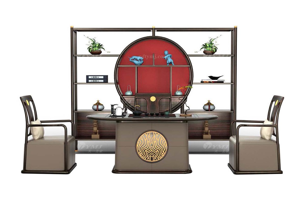 新中式風格家具品牌高端頂級輕奢時尚家具進口烏金木全實木+皮藝茶臺H-GOCT茶臺場景