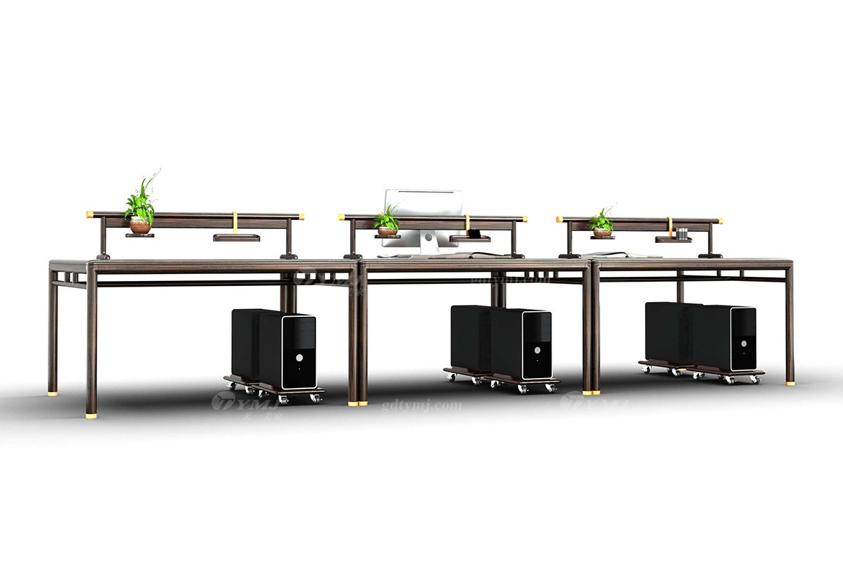 新中式辦公家具風(fēng)格品牌別墅會(huì)所家具大氣時(shí)尚高端進(jìn)口烏金木實(shí)木雙人職員桌H-GIZY02雙人職員桌組合