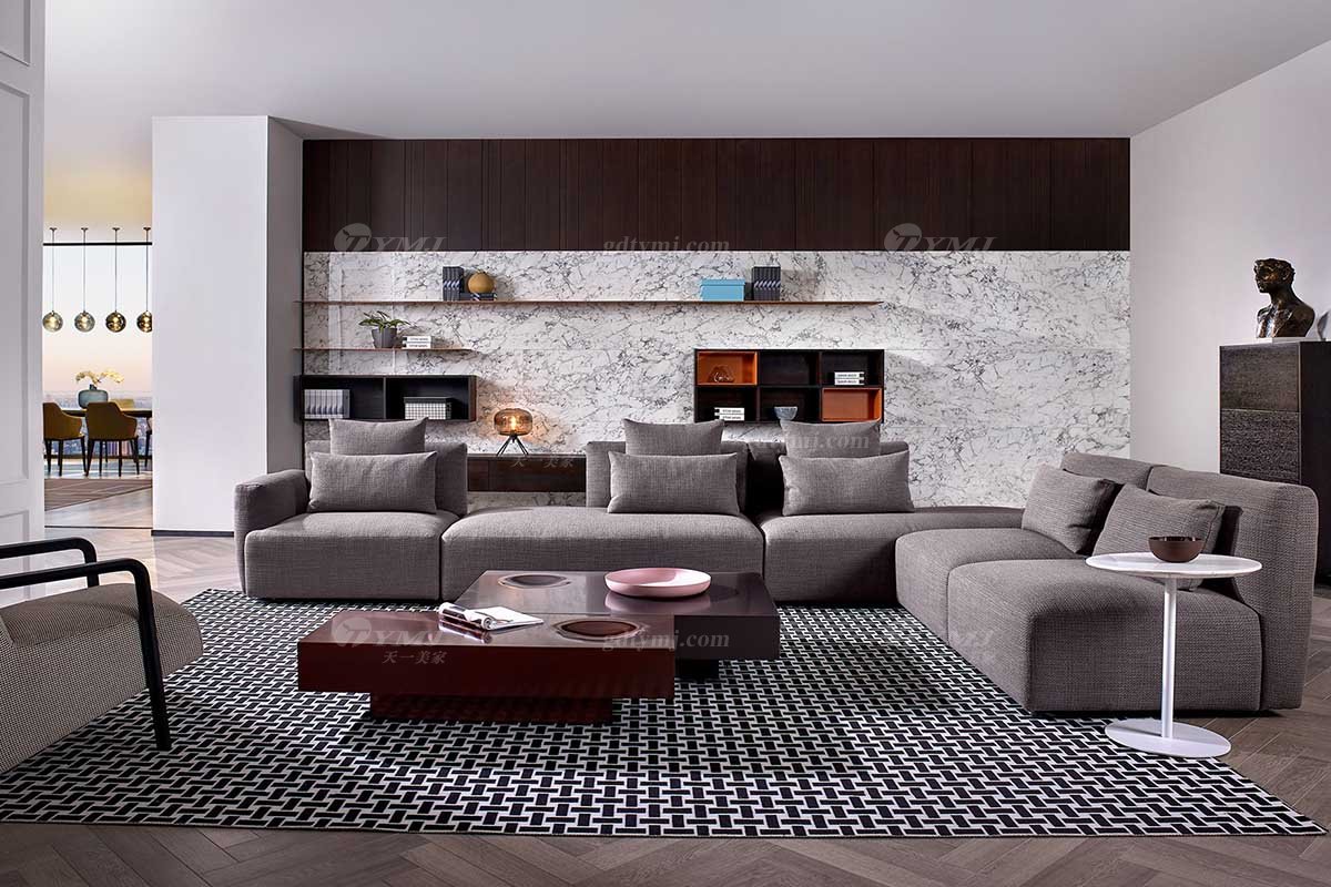 意式極簡風格高端別墅家具品牌現代輕奢簡約時尚客廳舒適布藝組合沙發LS1705組合沙發場景