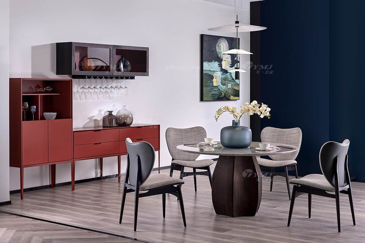 意式極簡風格高端別墅豪宅家具品牌現代輕奢簡約時尚煙熏色+卡拉白石面餐桌DT1705-13圓餐桌