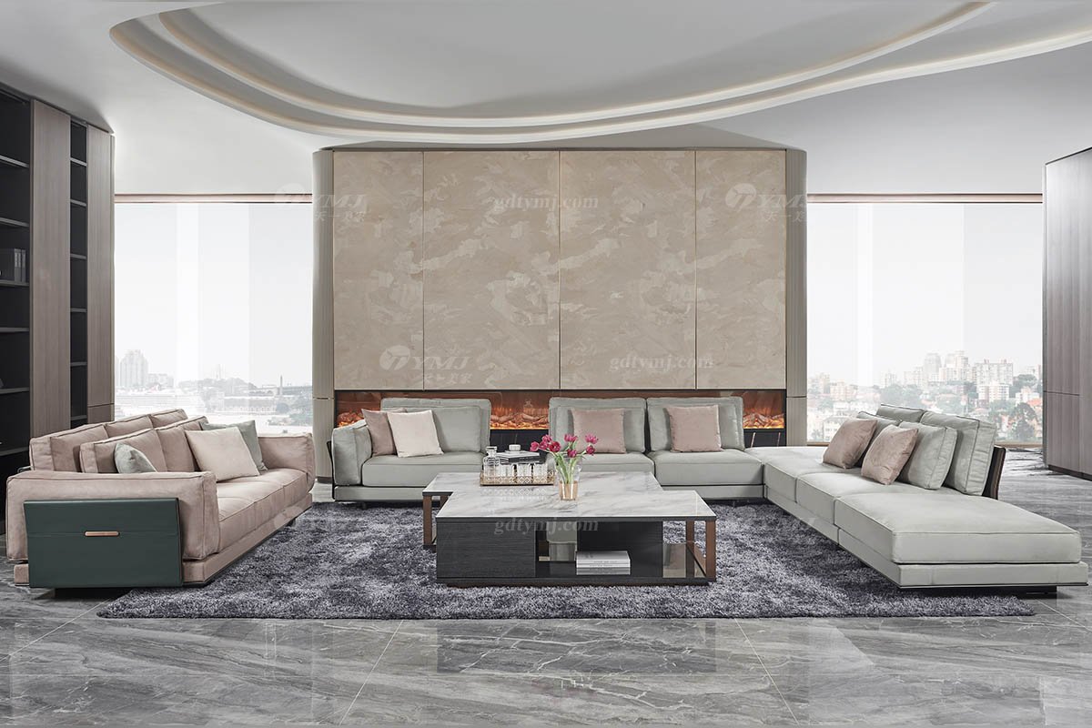 高端會(huì)所別墅大宅家具品牌后現(xiàn)代輕奢風(fēng)格客廳大理石面+黑檀茶幾TK759-1長幾場景