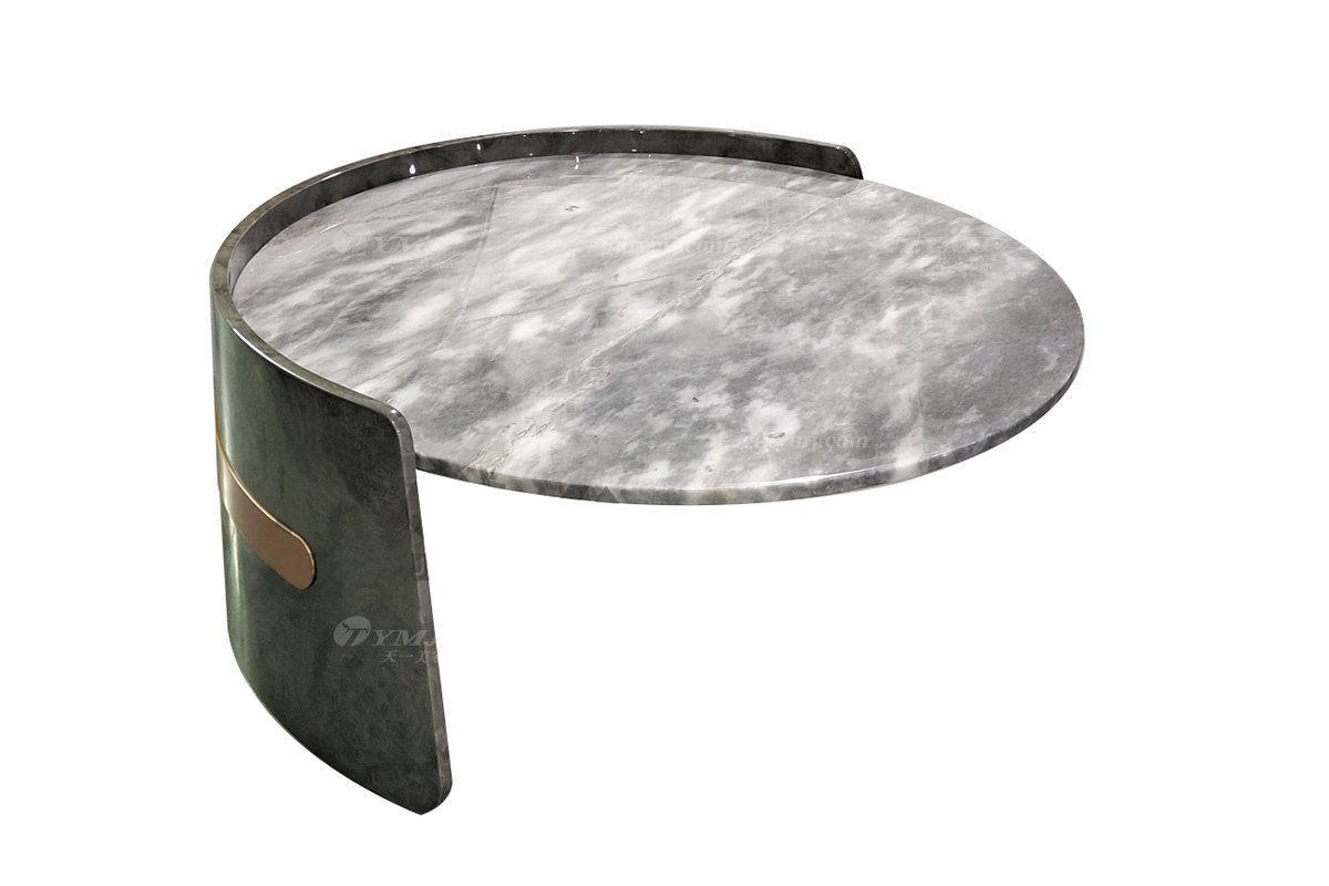 輕奢后現代風格家具高端會所別墅品牌家具時尚客廳魚肚白灰石面+樹瘤飾面茶幾套幾組合CK167-φ93套幾高