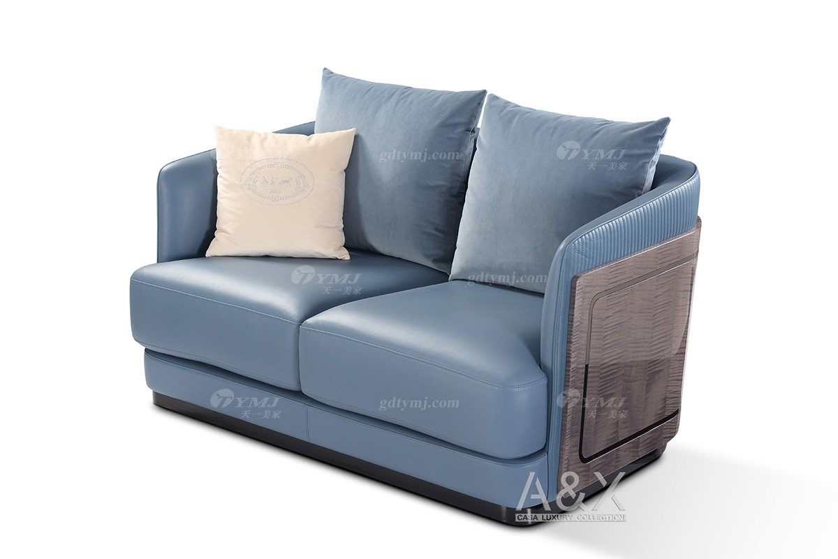 輕奢后現代風格家具高端會所別墅品牌家具時尚客廳藍色皮藝二位沙發