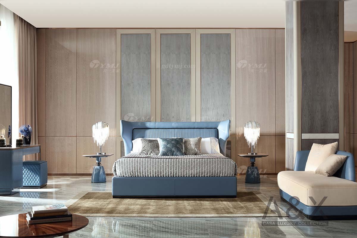 輕奢后現代風格家具高端會所別墅品牌家具大氣藍色真皮貴妃椅CW245-071貴妃床場景