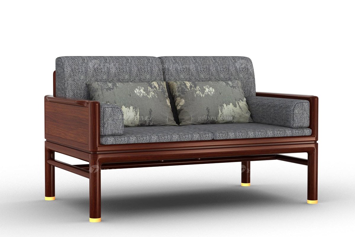 時尚新中式辦公家具風格品牌家具高端簡約大氣刺猬紫檀實木+布藝兩人位沙發