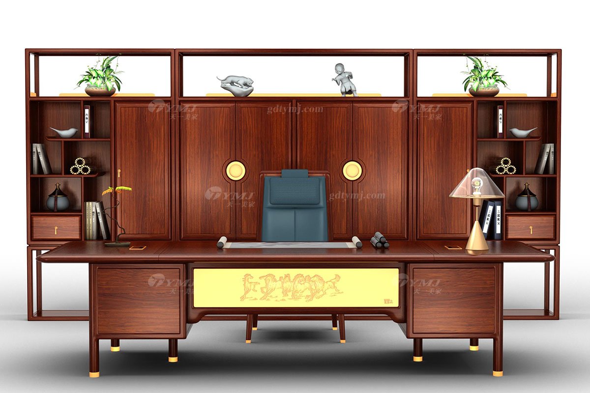 新中式辦公家具風(fēng)格品牌家具高端簡約時(shí)尚大氣安哥拉紫檀實(shí)木高檔大班臺馬到成功大班臺場景