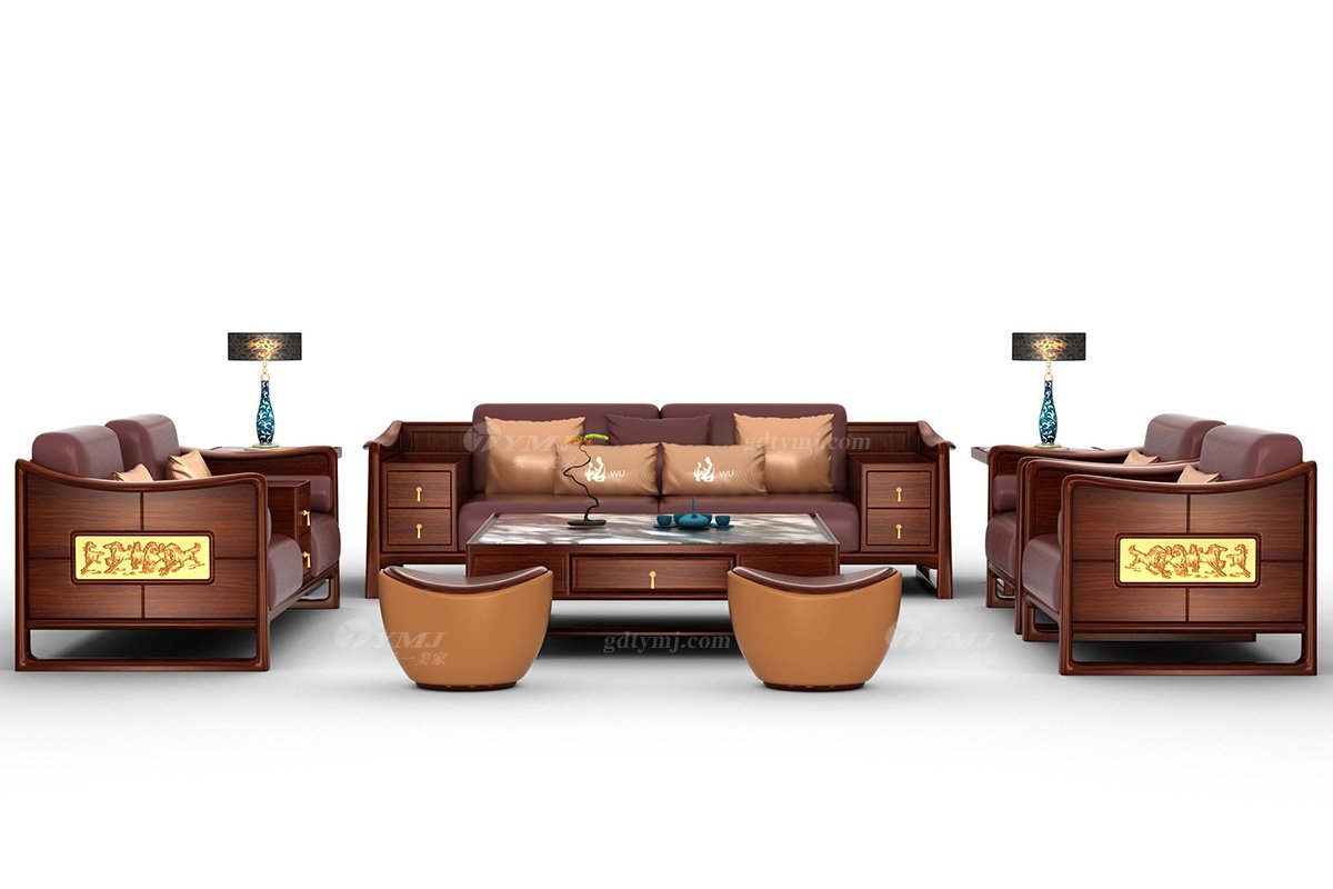 高端新中式辦公家具風格品牌家具簡約安哥拉紫檀實木單位沙發馬到成功單位沙發場景