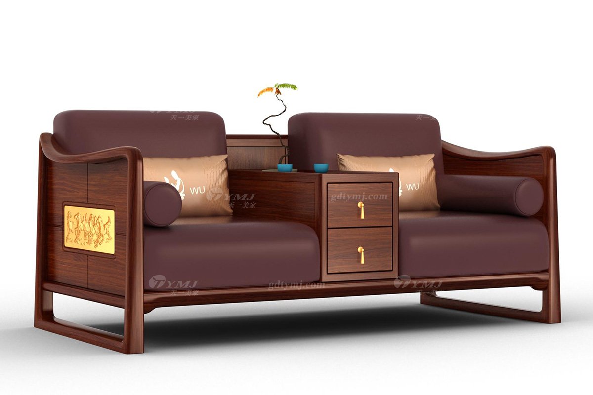 高端新中式辦公家具風格品牌家具簡約大氣安哥拉紫檀實木兩人位沙發