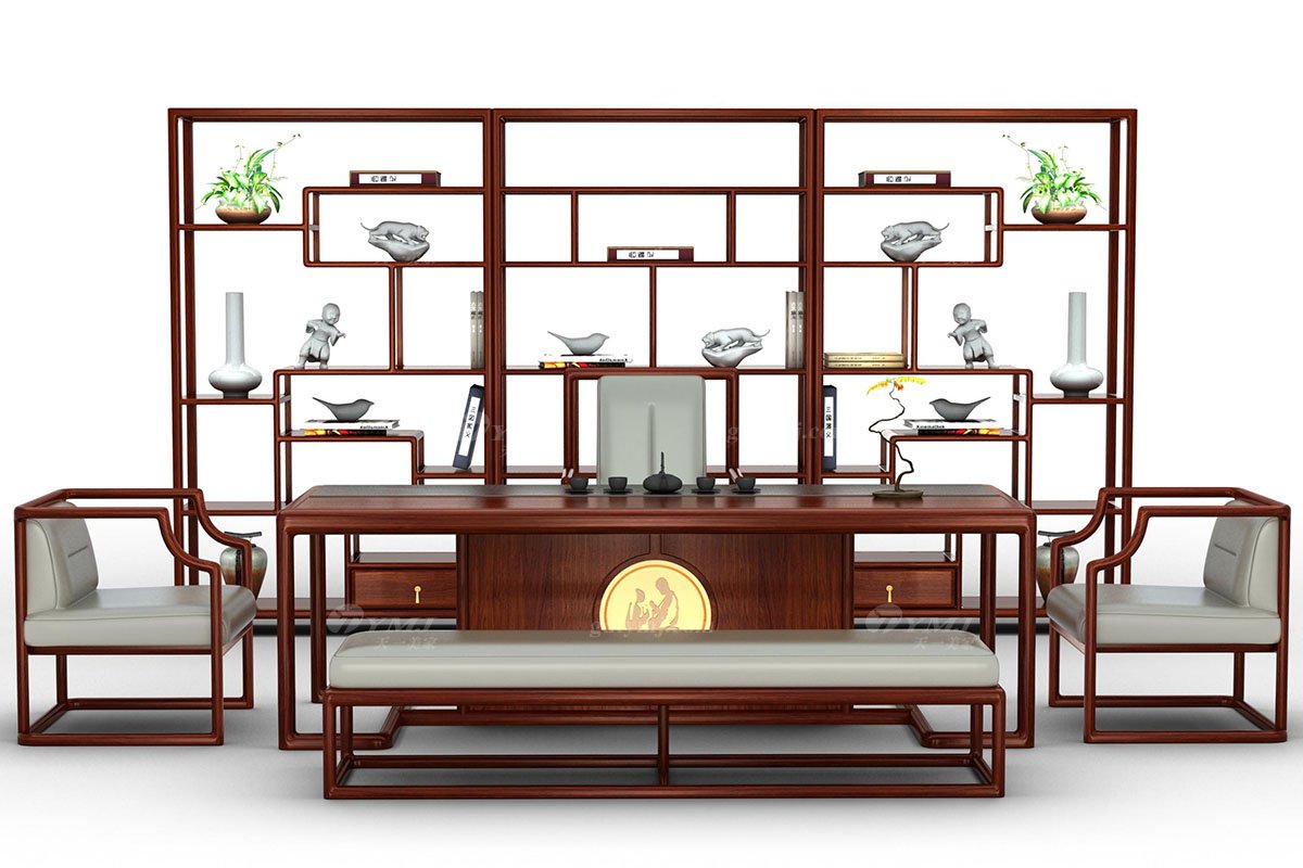 新中式辦公家具風格高端品牌家具簡約大氣實木紫檀博古架組合水墨江南博古架組合場景
