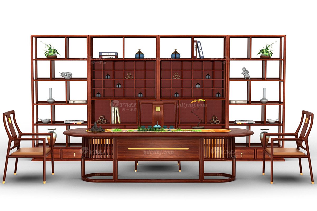 新中式辦公家具風格高端品牌家具簡約時尚大氣實木刺猬紫檀博古架水到渠成博古架場景