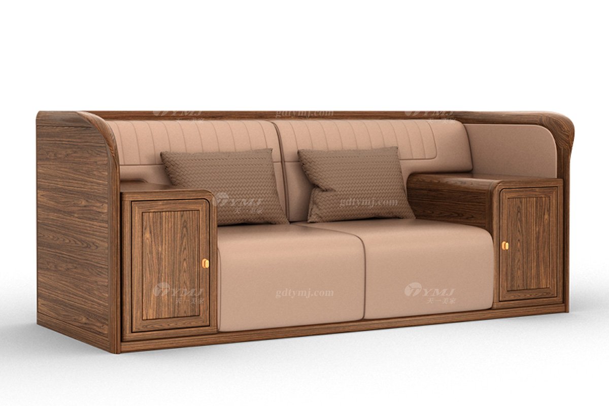 新中式高端會所家具品牌簡約風格客廳大氣實木+皮藝二位沙發