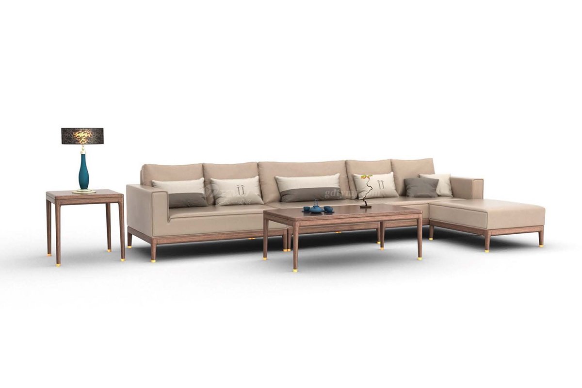 新中式家具風格高端別墅家具品牌簡約風格客廳極簡米色生態皮轉角沙發H-XSZSF轉角沙發場景