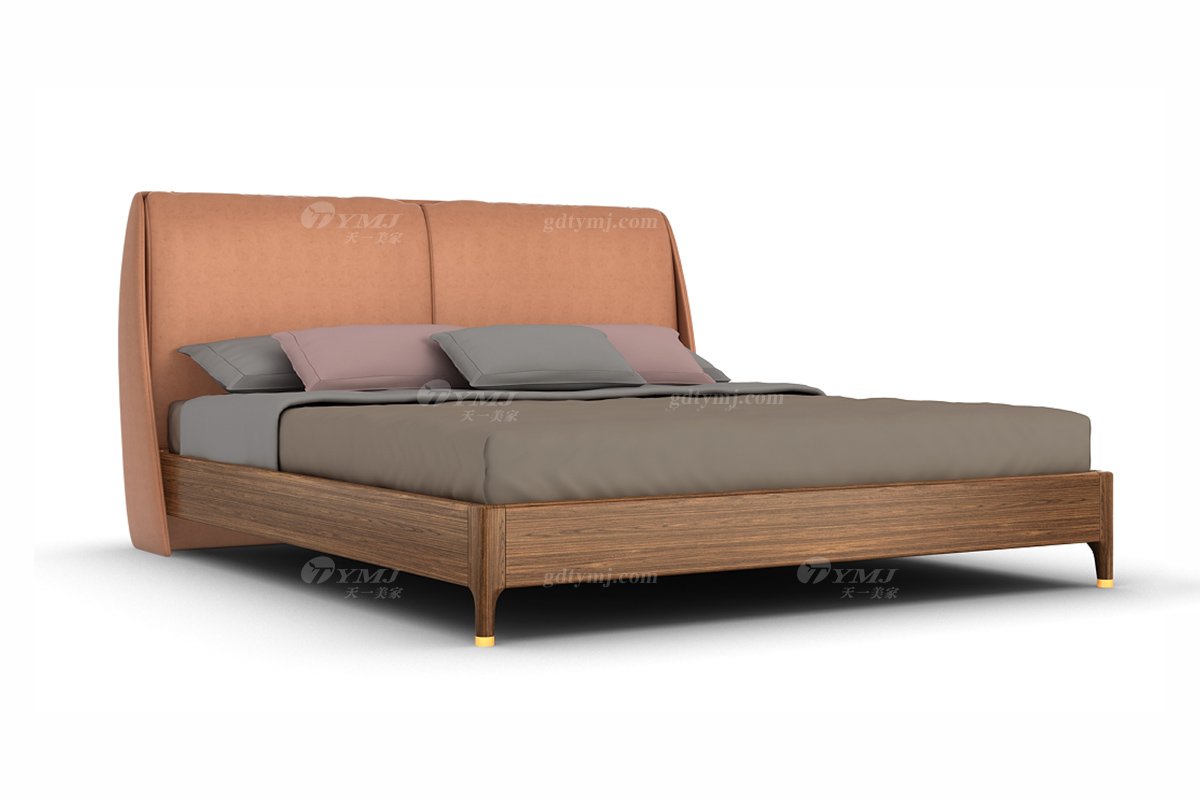 新中式風格家具高端會所家具品牌簡約風格臥室家具橙色生態皮大床