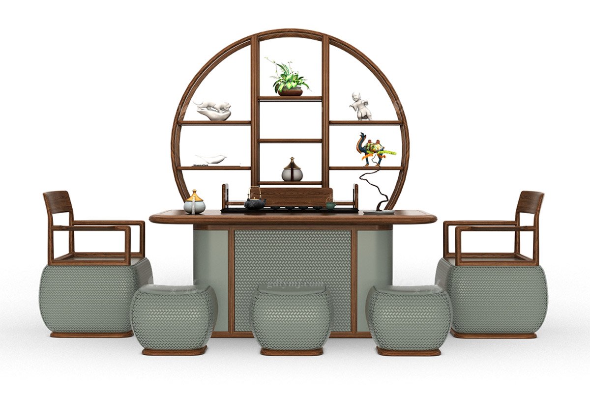 新中式風格家具高端會所家具品牌簡約茶室家具實木+藤編生態(tài)皮藝茶椅H-XYCY茶椅場景