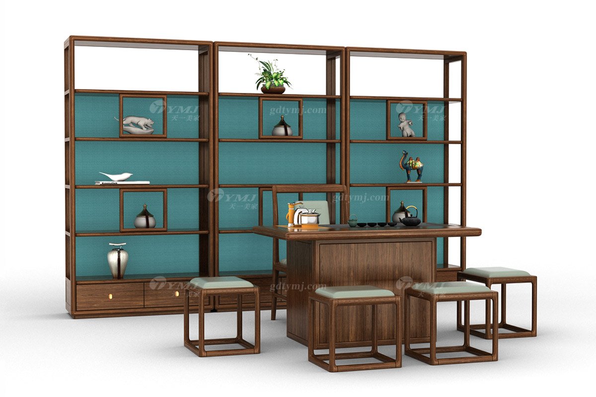 新中式風格家具高端會所家具品牌簡約茶室家具實木+生態皮藝博古架H-XSBGJ博古架場景