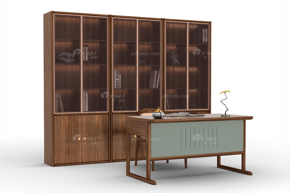 新中式風格家具高端別墅家具品牌簡約書房家具實木組合書柜H-XJSG書柜場景