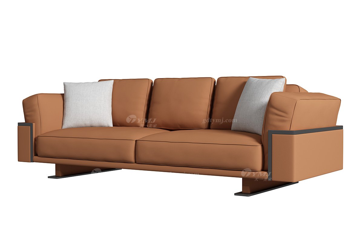 極簡風(fēng)格家具別墅會(huì)所高級舒適實(shí)木真皮環(huán)保橙色三位沙發(fā)SF-019大三位沙發(fā)