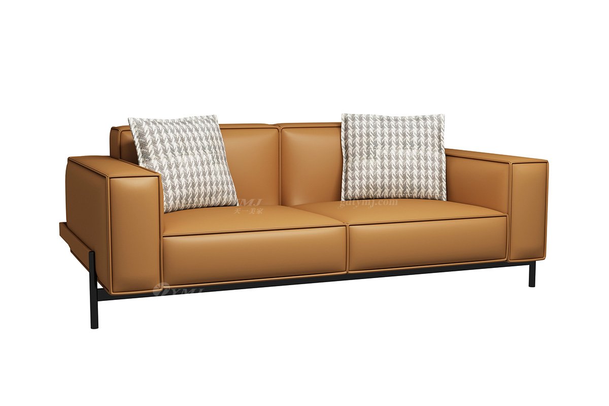 極簡風格家具別墅會所舒適實木進口頭層黃牛皮橙色三人位沙發