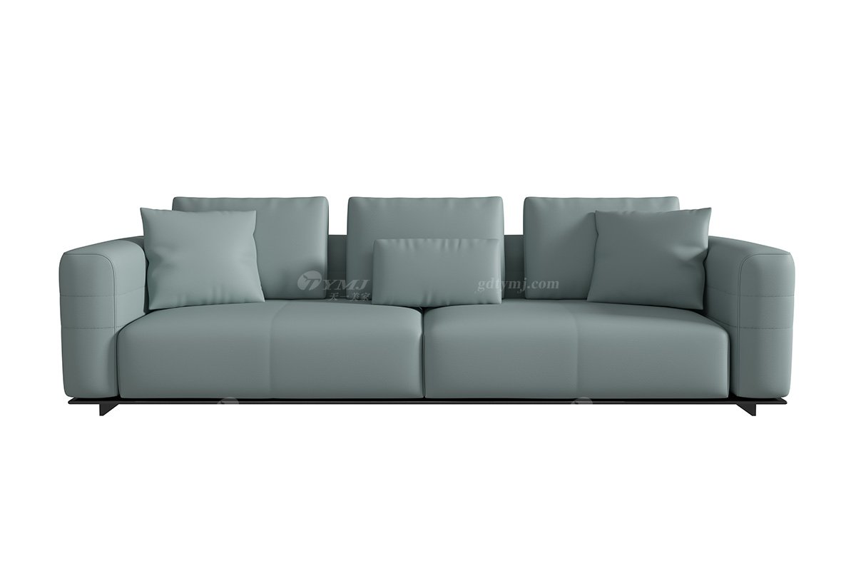 極簡風格家具別墅會所舒適實木進口頭層黃牛皮淺藍色四人位沙發